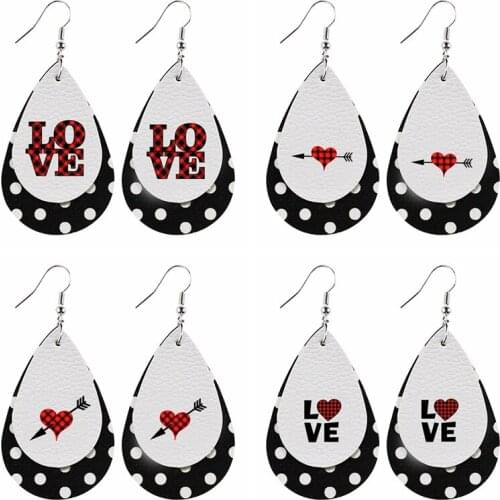Valentines Day Exquisite Love Earrings Faux Leather Wave Point Two Layers Glitter