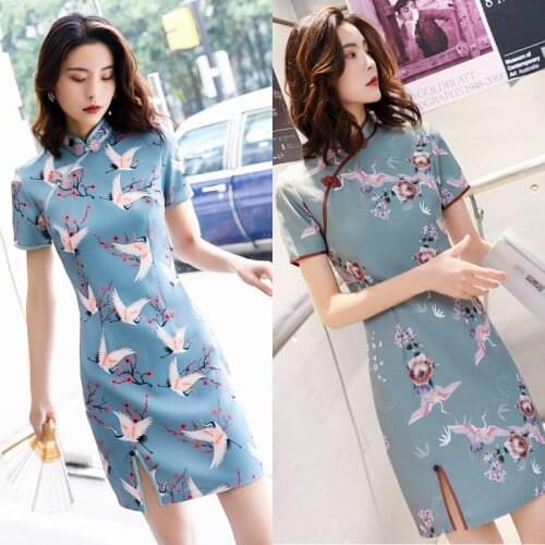 Chinese Traditional Cheongsam Women New Vintage Sexy Crane Pattern Print Split Short Dress Summer Young Girl Party Qipao