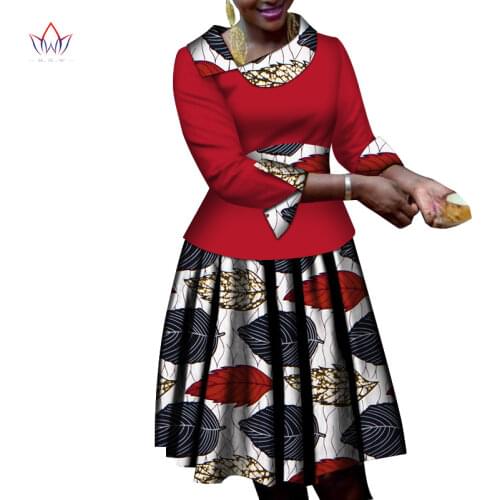 African Women Clothes long Sleeves Print Tops and Skirt Sets Bazin Riche African Clothing 2 Pieces Customize Skirts Sets WY6530
