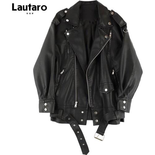 Lautaro Autumn Black Oversized Boyfriend Faux Leather Biker Jackets for Women Long Sleeve Belt Zipper Casual Korean Fashion 2021