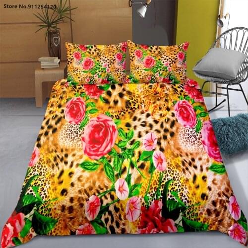 Leopard with Flower Duvet Cover Sets 2/3 Piece Single Double Queen King Size Girls Boys Bedding Set 3D Animals Texture Bedding