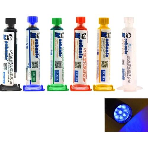 MECHANUC 6 pcs 6 color UV Curable Solder Mask 10CC for PCB Circuit board protect Soldering Paste Flux oil + Needles+UV lamp