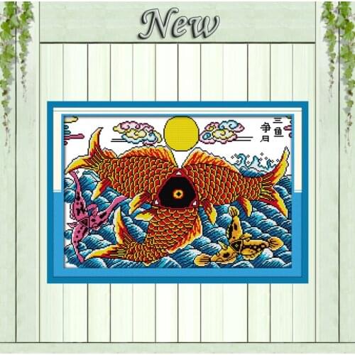 Three fish fight for moon picture counted print on canvas DMC 14CT 11CT DIY Cross Stitch chinese Embroidery kits Needlework Sets