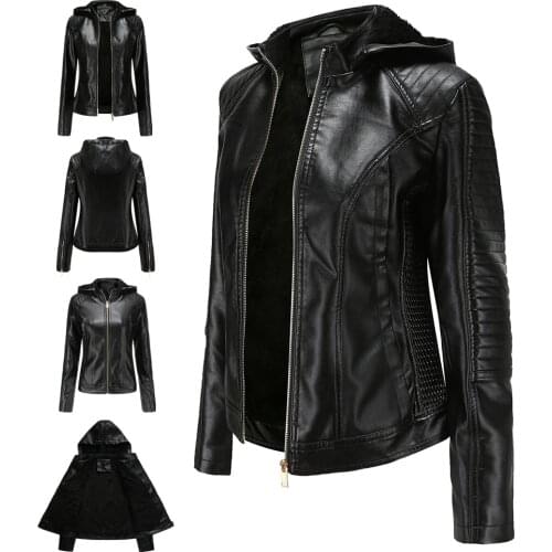 Solid Color Zipper Pu Leather Jacket Coat Women Spring Autumn Winter Tunic Outerwear 2021 Female Large Size Hooded Plus Velvet