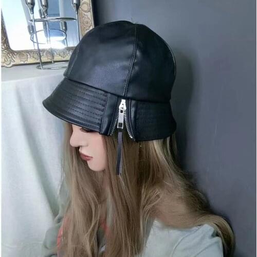 Pure Color Zipper Hip-Hop Leather Ladies Fisherman Hats Autumn Winter Students Outdoor Leisure Street Trend Basin Hat Bucket Cap