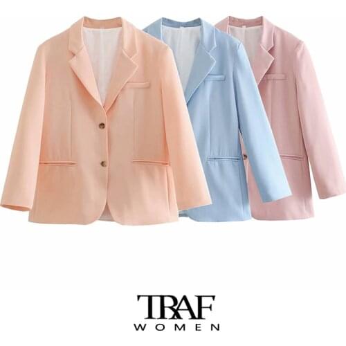 TRAF Za Women Fashion Single Breasted Loose Fitting Blazer Coat Vintage Long Sleeve Pockets Female Outerwear Chic Veste