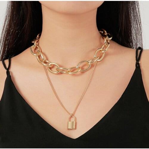 Simple Retro Punk Metallic Chain Glossy Surface Lock-Shape Double-Layer Golden Silver Plated Alloy Choker Necklace for Women