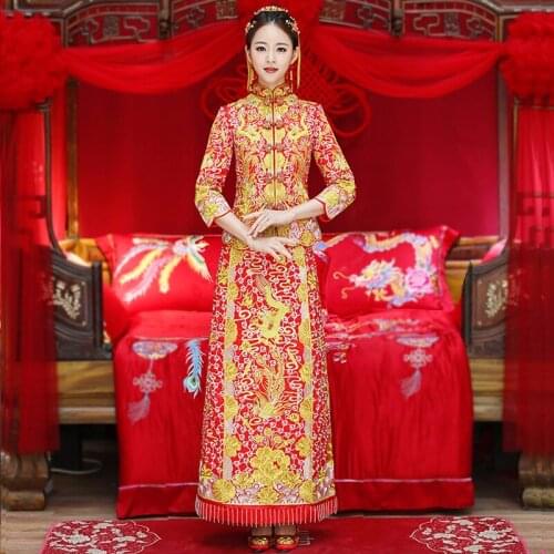 Luxury ancienRed Chinese Wedding Bride Cheongsam Traditional Style marry Evening Dress Embroidery Long Qipao Womens and Mensipao