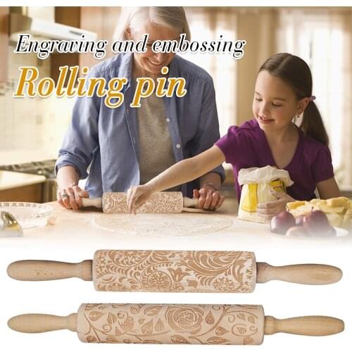 35*4.5cm Embossed Rolling Pins Engraved Wooden Rolling Pin Dough Roller with Flower Pattern For Baking Embossed Cookies Pastry