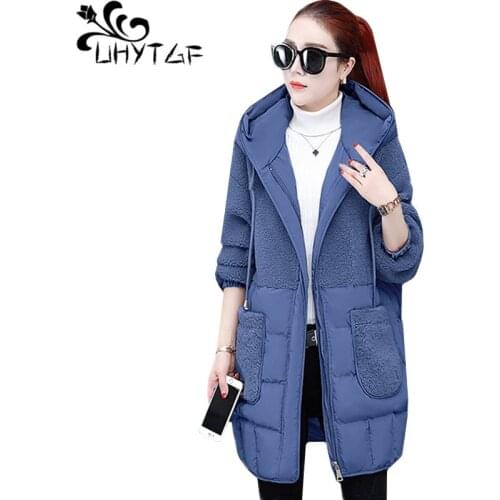 UHYTGF Hooded Down Jacket Winter Coat Wwoman Solid Color Wild Casual Warm Outerwear Female Korean Loose 3XL Plus Size Tops 1268