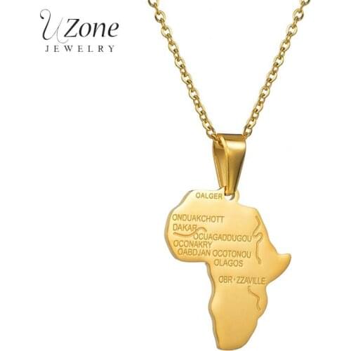 Uzone Africa Map Pendant Necklace for Women Men Stainless Steel Gold Color Ethiopian Jewelry Wholesale African Maps Hiphop Item