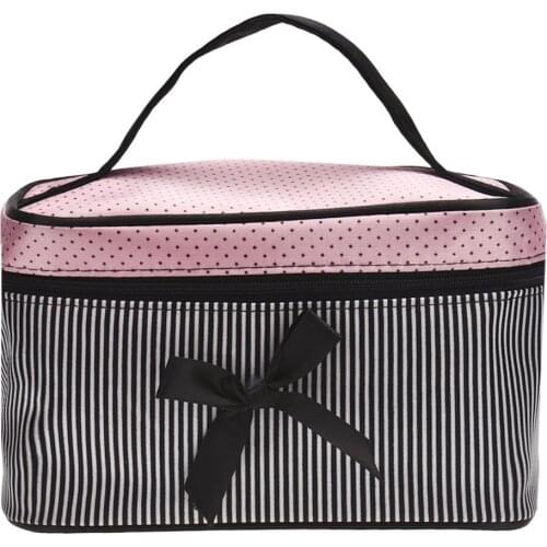High quality Square Bow Stripe Outdoor Girl Makeup Organizer Waterproof Female Storage Grooming Kit Large Cosmetic Bag