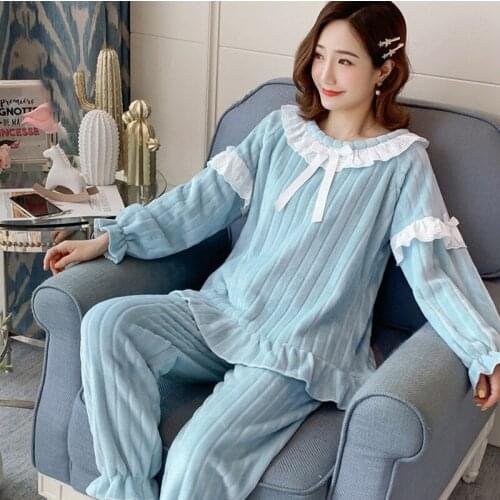 Women Pajamas Sets Autumn Winter Sleepwear Long Sleeve Velvet Flannel Lace Pijamas Mujer Leisure Girls Teens Pyjamas Women Suits
