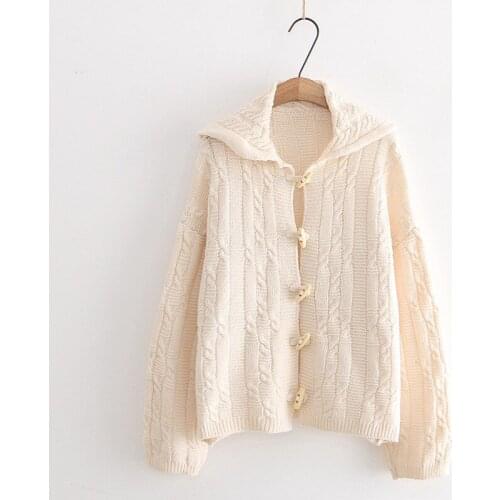 PERHAPS U Women Single Breasted Horn Button Knitted Loose Sweater Cardigans Solid Cable Sailor Collar Beige Brown Gray M0264