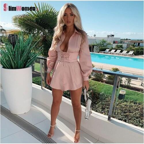 Vintage Sexy Pink Fashion Party Dresses Mini White Vestdos Long Shirt Dress with Zip Corset Belt Casual Long Sleeve Dress Women