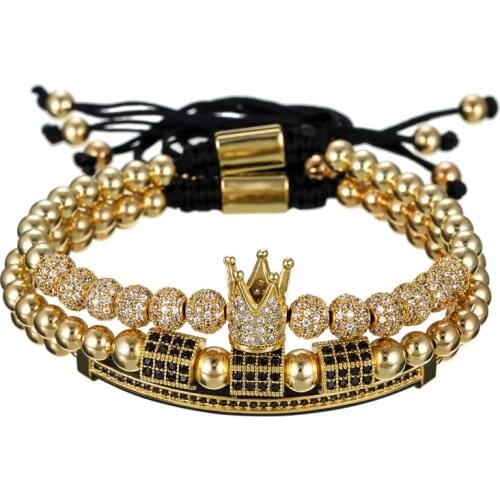 3 pieces charm crown crystal ball cz zircon double moon & hexagon connected copper beads beaded bracelet adjustable for woman