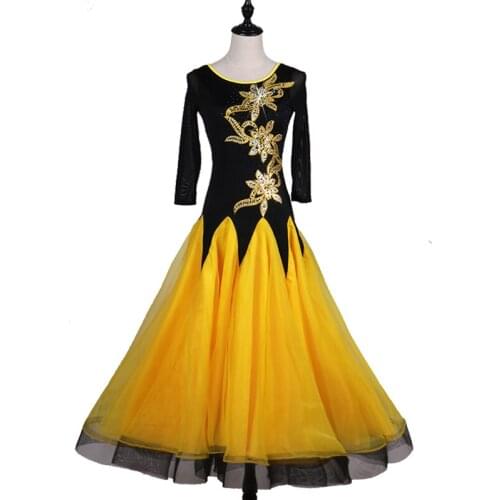 Ballroom dance dress modern dance dress patchwork applique yellow mesh flare dress hem 3/4 length sleeve