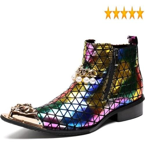 Men Gothic Colors Pearls Fashion Ankle Boots Night Club Party Personality Genuine Leather Metal Toes Punk Shoes Man Botas