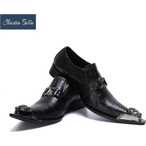 Christia Bella Fashion Chain Genuine Leather Men Business Shoes Large Size Slip On Metal Pointed Toe Formal Dress Men Shoes