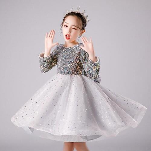 Elegant Flower Girl Dress Sequin Tulle Long Sleeve Kids Birthday Gowns For Weddings First Communion Formal Pageant Party Clothes