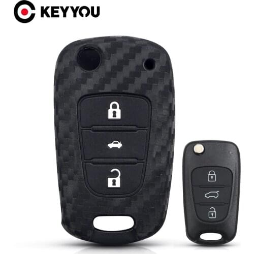 KEYYOU 3 Button Carbon Silicone Car Key Case For Hyundai Hyundai i30 i25 i40 IX25 Accent Elantra Solaris Verna Kia Rio K2 K5