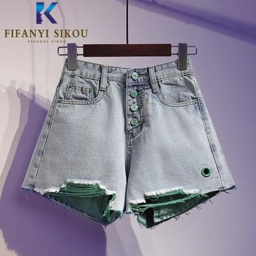 Fashion High waist Denim Shorts Women Button Pocket Ripped Jeans Shorts 2020 Summer Loose Plus Size Wide leg Short Pants Jeans