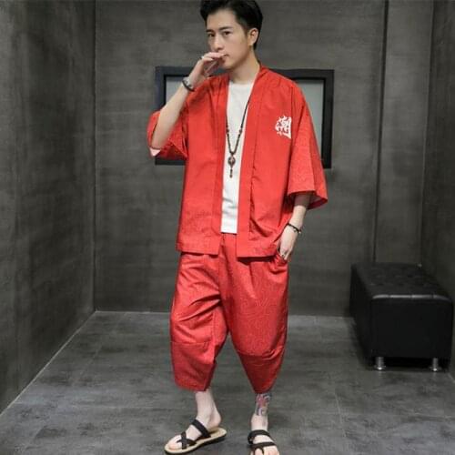 M-5XL Men Traditional Clothes Kimonos Print Japanese Kimono Shirt Sets for Men Yukata Robe And Pant Set Two Pieces Sets XXXXXL