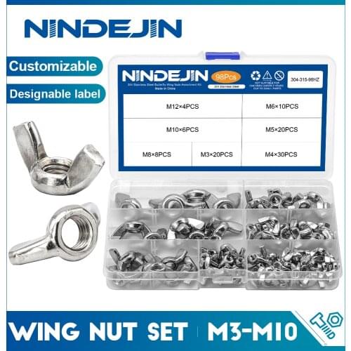 NINDEJIN 98pcs Wing Nut assortment kit M3 M4 M5 M6 M8 M10 M12 Stainless Steel Wingnuts butterfly nuts for drum bicycle DIN315