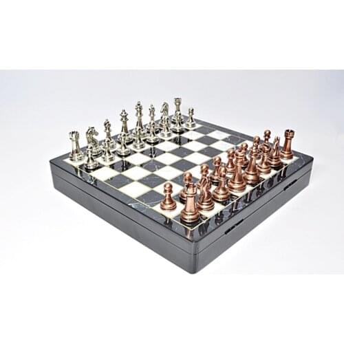 First Class Chrome Plated Luxury Metal Chess Set Marble Design With Box