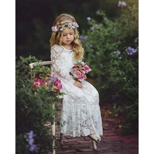 Long Sleeve Boho Flower Girls For Wedding Floor Length Lace Little Kids First Communion Dress Vintage Cheap Pageant Gowns