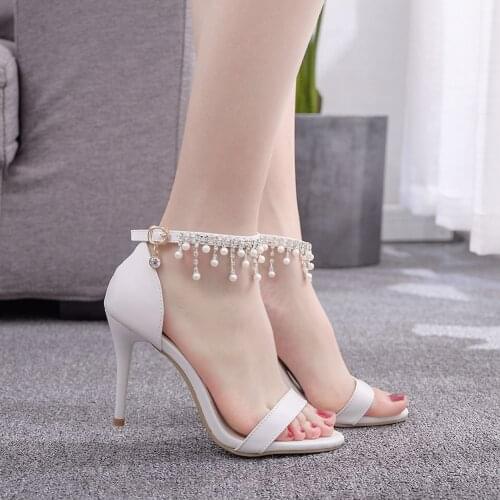 Women Gladiator Sandals Sexy White String Bead High Heels Summer Party Stiletto Dress Shoes Buckles Pumps