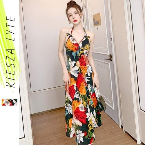 Sexy Halter Sleeveless Dresses Lace Up Party Beach Women Elegant Flowers Female Summer Dress