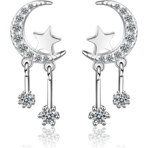New Fashion Simple 925 Sterling Silver Mosaic Zircon Moon Star Tassel Earring For Women Gift brincos oorbellen