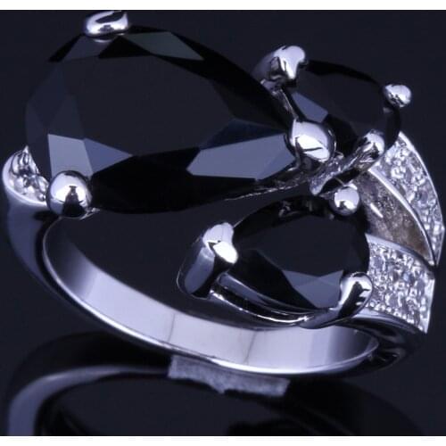 Super Big Pear Black Cubic Zirconia White CZ Silver Plated Ring V0149