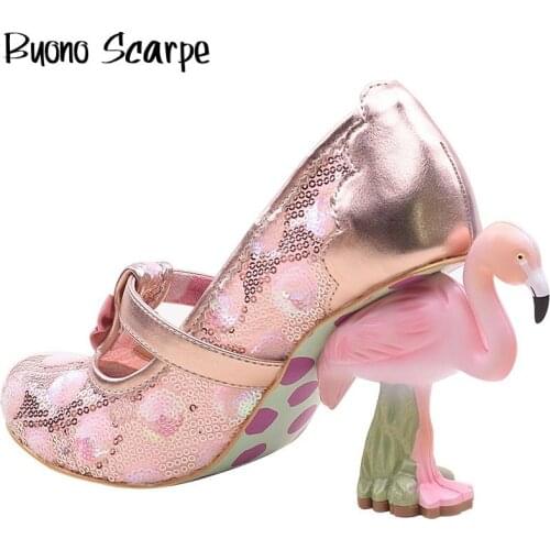 Vintage Fashion Womens Shoes Strange Bird High Heel Women Pumps Pink Sequine Mary Janes Party Dress Shoes Bling Shoes Heels New