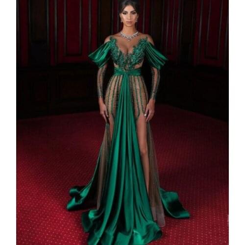 Green Celebrity Dresses A-line V-neck Long Sleeves Beaded See Through Famous Long Formal Red Carpet Dresses