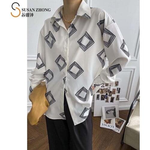 Women Shirts Long Sleeve Blouse 2021 Spring Summer Diamond Check Pattern Tops Turn-Down Collar Button Loose Midi French Romantic