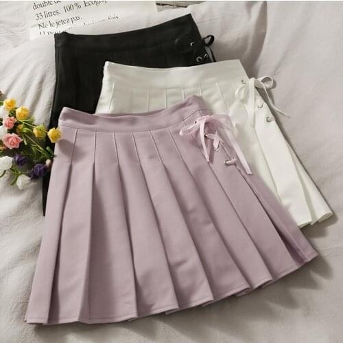 Women Summer Skirt 2021 New Chic Drawstring High Waist Pleated Mini Skirts Casual Solid Stylish A-line Skirt