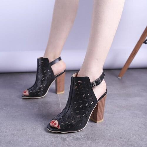 Women High Heels Sandals Classic Peep Toe Hollow Out Buckle Strap Pumps Sandals Solid Casual Shoes Femmes Sandales Plus Size