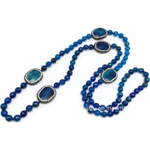 Natural Blue Agates Necklaces Women Faceted Round Beads Knot Natural Stones Choker Necklaces Chains Jewelry Collier Ras Du Cou