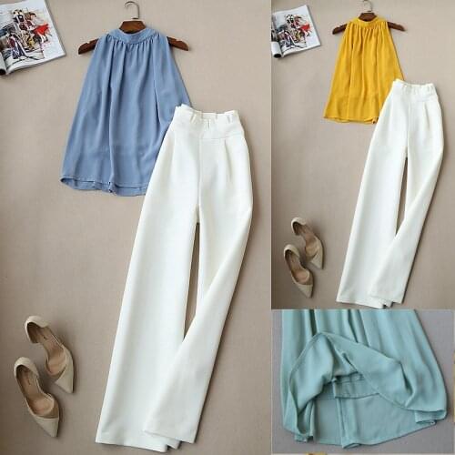 2 piece set women summer new fashion suit female sleeveless shirt high waist wide leg pants womens trousers two sets