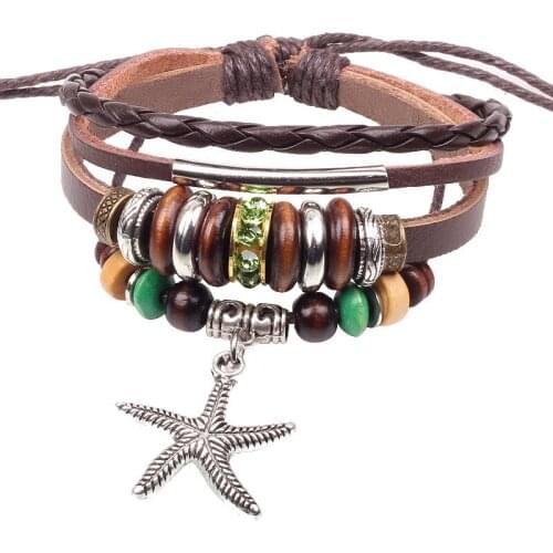 Gnova New National Leather Jewelry Girl Multilayer Handmade Beads Weave Wax Ends Charm Bracelets Bangles For Women