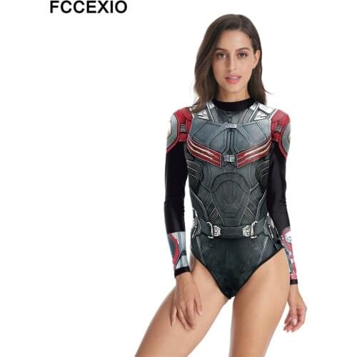 FCCEXIO Black Armor 3D Printed Women One-Piece Swimsuit Summer Casual Long Sleeve Beachwear Bathing Suit Sexy Tight Swimwear
