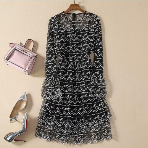 2021 HIGH QUALITY Newest Runway Dress Womens Flare Sleeve Embroidery Gauze Dress