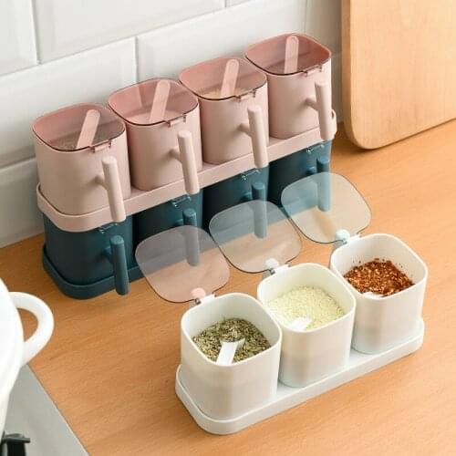 045 Kitchen Nordic style seasoning pot set with transparent cover and spoon seasoning box with base kitchen tool