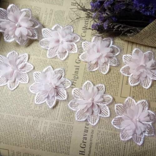 2yard Pink Rose Flower Pearl Chiffon Embroidered Lace Trim Ribbon Fabric Sewing Craft Patchwork Handmade DIY for Costume Decor