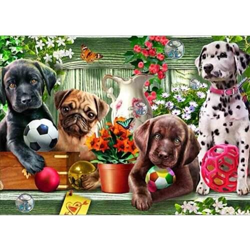 5D DIY Diamond Painting Full Round Animal Four Dogs Football Mosaic Embroidery Cross Stitch Resin Rhinestones Pictures