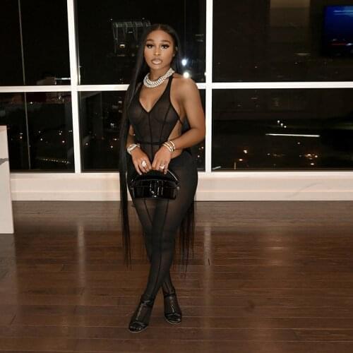 Adogirl Elegant Mesh See Through Two Piece Set Women Halter Sleeveless Bodysuit +Leggings Matching Sets Slim Club Outfits 2021