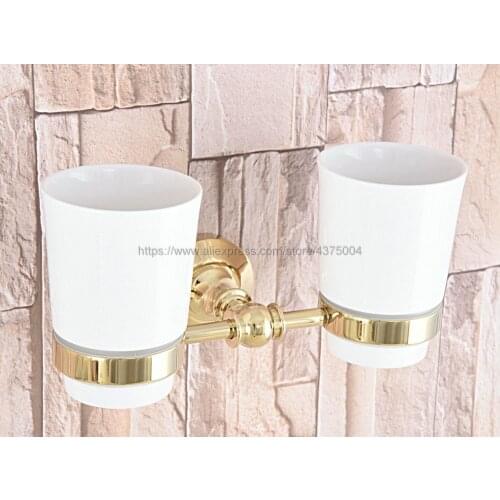 Bathroom Accessory Wall Mounted Luxury Gold Color Brass Toothbrush Holder with Two Ceramic Cups Nba315