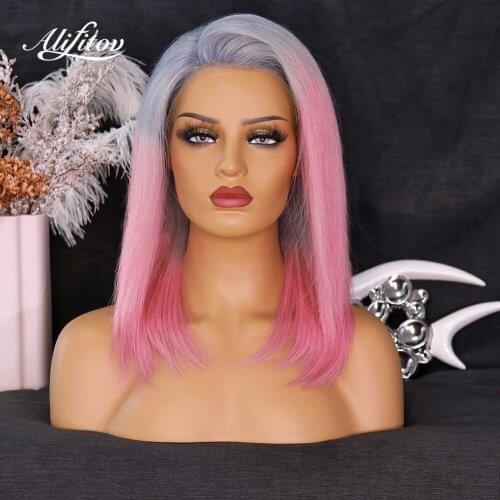 ALIFITOV Grey Pink Ombre Lace Front Human Hair Wigs Short Bob Wig Transparent Lace Wigs Remy Hair with Baby Hair For Women